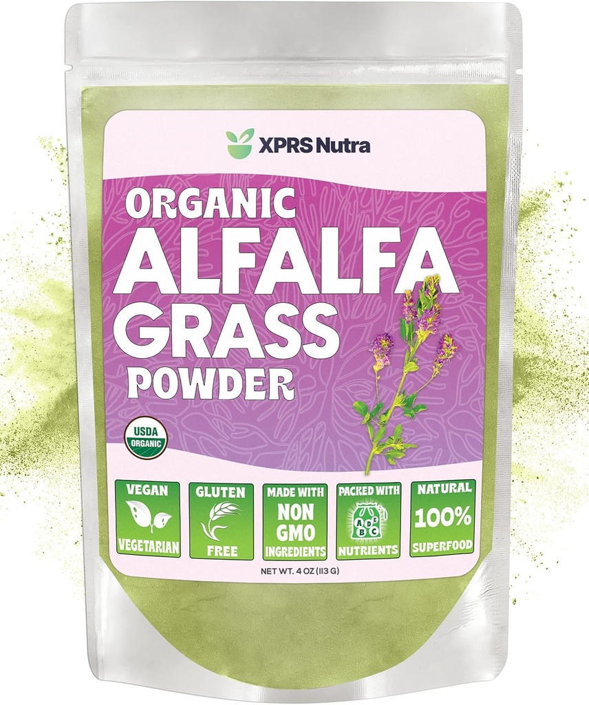 XPRS Nutra Organic Alfalfa Powder - Premium Vegan Supplement Rijk aan Calcium, Antioxidanten, Vitaminen - Farmer Alfalfa Supplement voor kinderen en volwassenen - Vegan Friendly Healthy Leaf (4 Ounce)