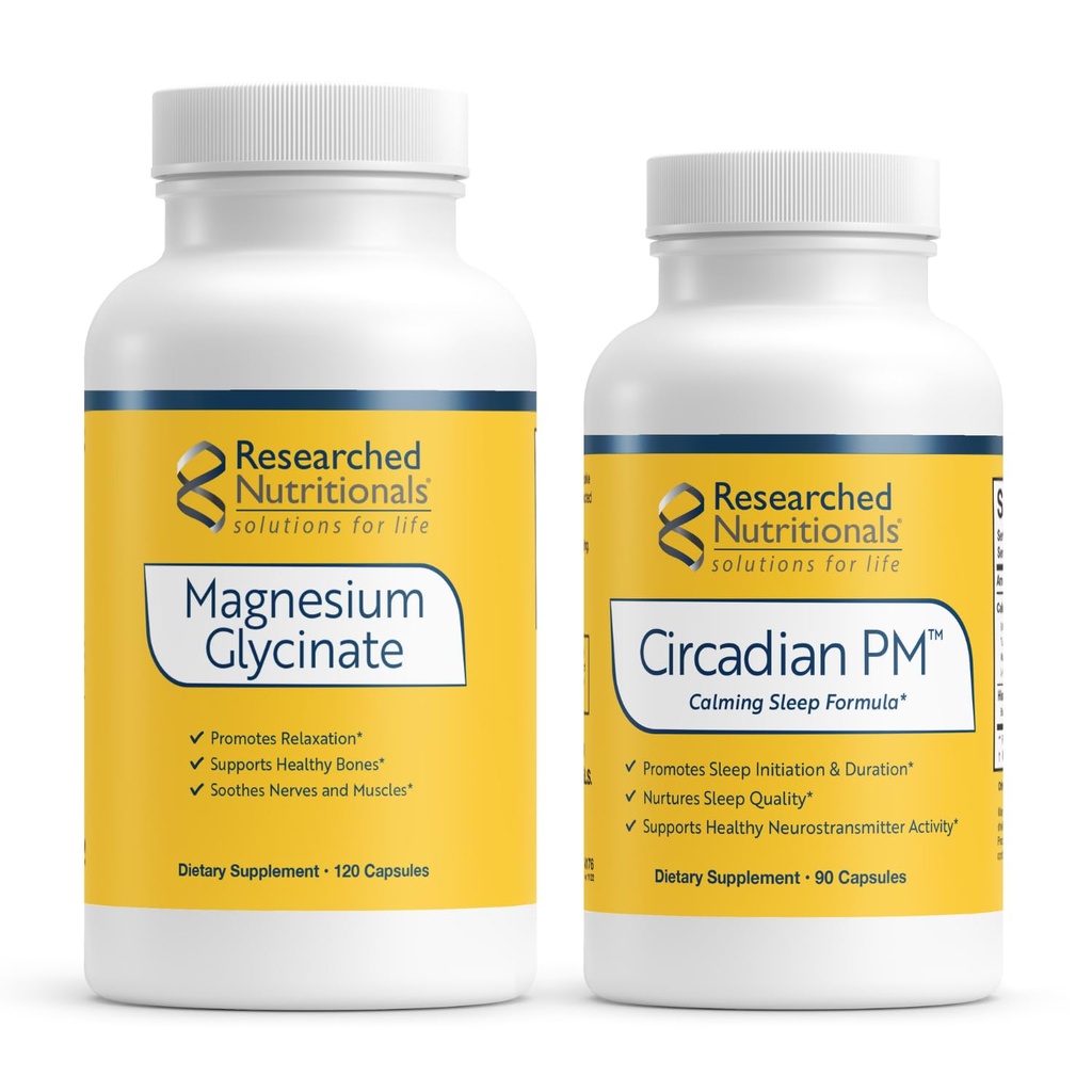 Onderzoek Voedingsmiddelen Nighttime Support met Circadian PM en Magnesium Glycinate - 2 Product bundel met Melatonine, Valeriaan, 5-HTP, GABA en een Magnesium Supplement