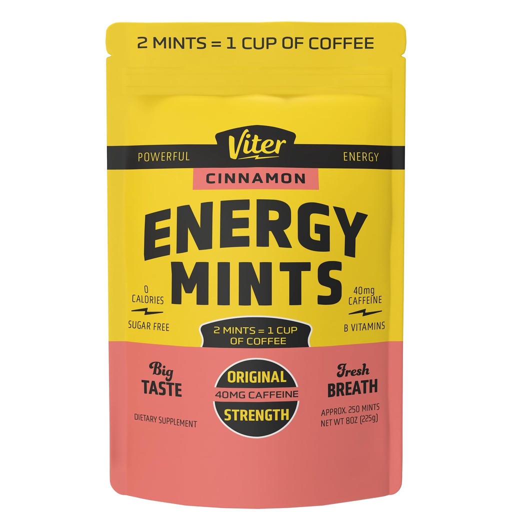 Viter Energy 40mg Cafeïnemuntjes - Suikervrij, B Vitaminen, Vegan, Boosts Fast Energized Alert Focus, Cafeïnated Nootropic Supplement Pillen (Cinnamon smaak, 8oz, Bulk Bag)