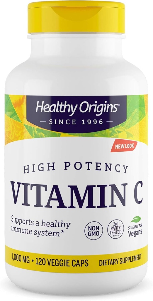 Gezonde oorsprongen Vitamine C 1.000 mg (niet-GMO getest, hoge potentie, Immune Support, Vegan), 120 Veggie Caps