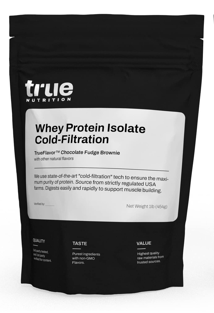 True Nutrition Wei Protein Isolaat Poeder - Koudgevuld, 27g Proteïne per Serving - Ondersteunt Spiergroei & Recovery - Keto, Glutenvrij, Lactosevrij, Non-GMO - Chocolade Fudge Brownie - 1lb