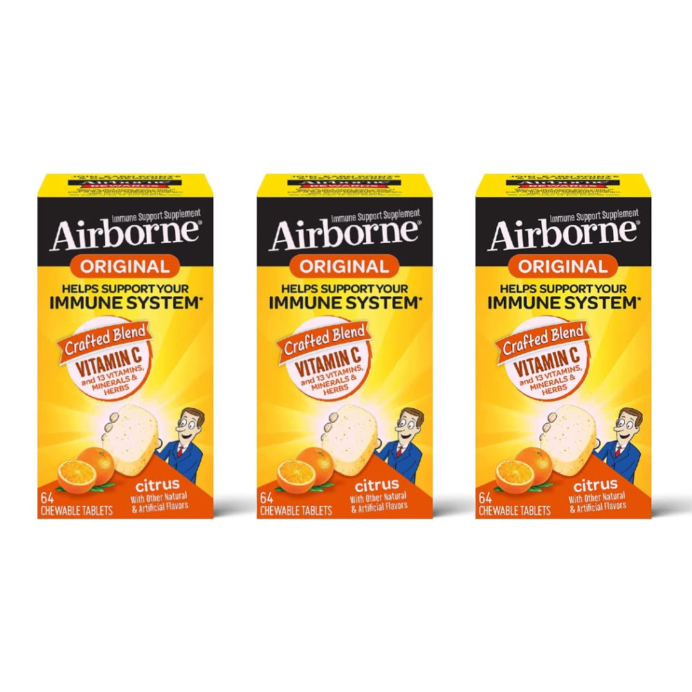 Airborne Vitamine C 1000mg (per portie) - Citrus Kauwtabletten (64ct/box), Glutenvrije Immune Support Supplement, Vitaminen A C E, ZInc, Selenium, Echinacea, Gember, Antioxidanten (3-pack)