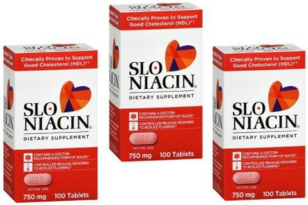 SLO-NIACIN Dieetsupplement Eenmaal daags met 750 mg Niacin Vitamine B van Nicotinezuur voor hoge absorptie 100 tabletten per fles 3 verpakkingen