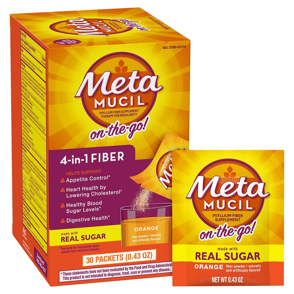 Metamucil On-the-Go, Daily Psyllium Husk Powder Supplement with Real Sugar, 4-in-1 Fiber for Digestive Health, Orange Smooth Flavored Drink, 2 Pack x 30 count = 60 Packs Totaal