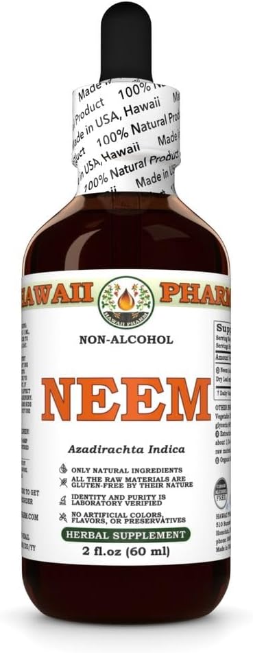 Neem Alcoholvrije Liquid Extract, Biologische Neem (Azadirachta Indica) Gedroogde Blad Glyceriet Natuurlijke Kruidensupplement, Hawaii Pharm, VS 2 fl.oz