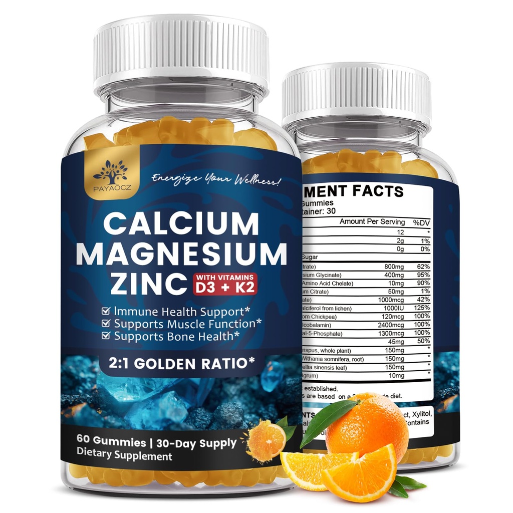 (2 Pack) Calcium Magnesium Zinc Gummies with Vitamin D3, K2, B12 & B6 for Adults, Sugar Free Magnesium Glycinate with Potassium Sea Moss Supplement, Calcium Citrate for Bone Mood & Sleep Support