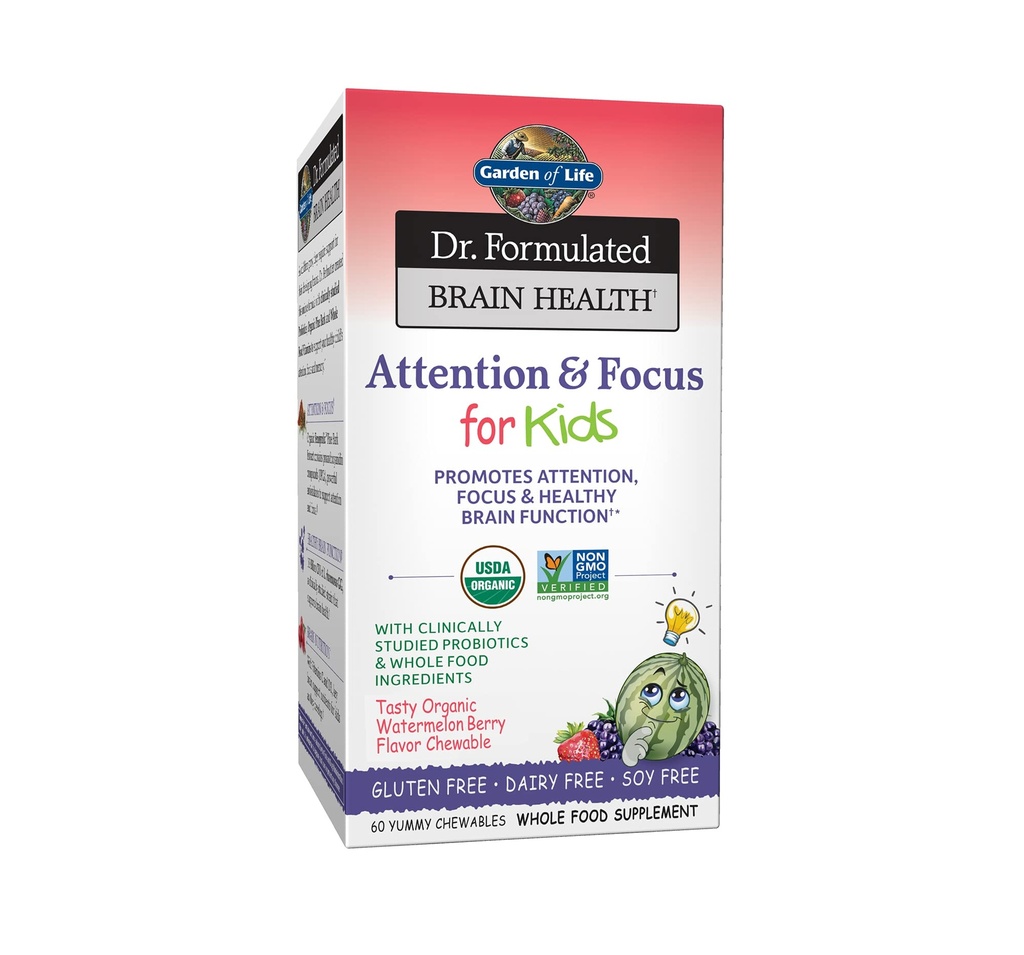 Garden of Life Dr. Geformuleerde aandacht en focus voor kinderen, Supplement bevordert gezonde hersenfunctie, concentratie met biologische wilde bosbessen, pijnboomschors, vitamine C, D en Probiotica, 60 Tellen