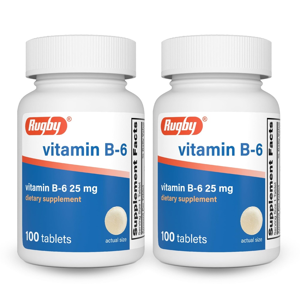 Rugby Vitamine B-6 tabletten - 25 mg vitamine B6 - Dieetsupplement - 100 Tellen (2 verpakkingen)