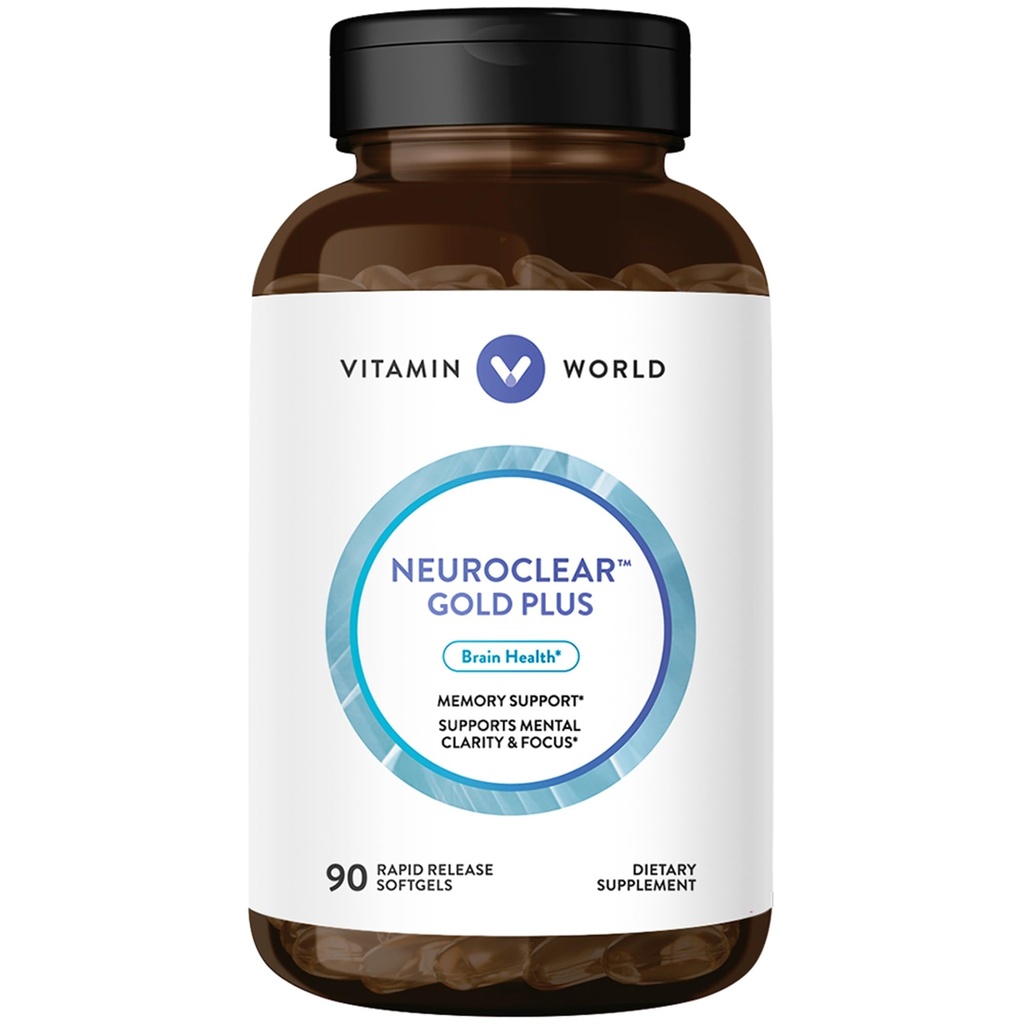 Vitamine World NeuroClear Gold Plus 90 Softgels, Fosfatidylserine, DHA, Ginkgo Biloba, Ondersteunt Hersenen en Geestelijke Focus, Snelle Release, Glutenvrij