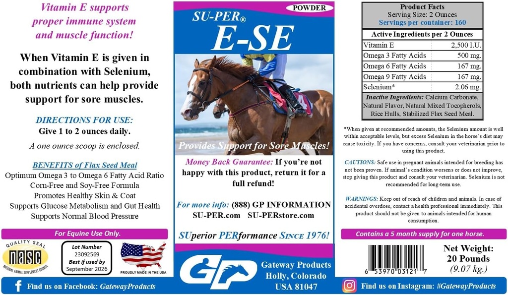 SU-PER E-Se Paarden Antioxidant Supplement - Vitamine E & Selenium voor pijnlijke spieren Ondersteuning - 20 Pond