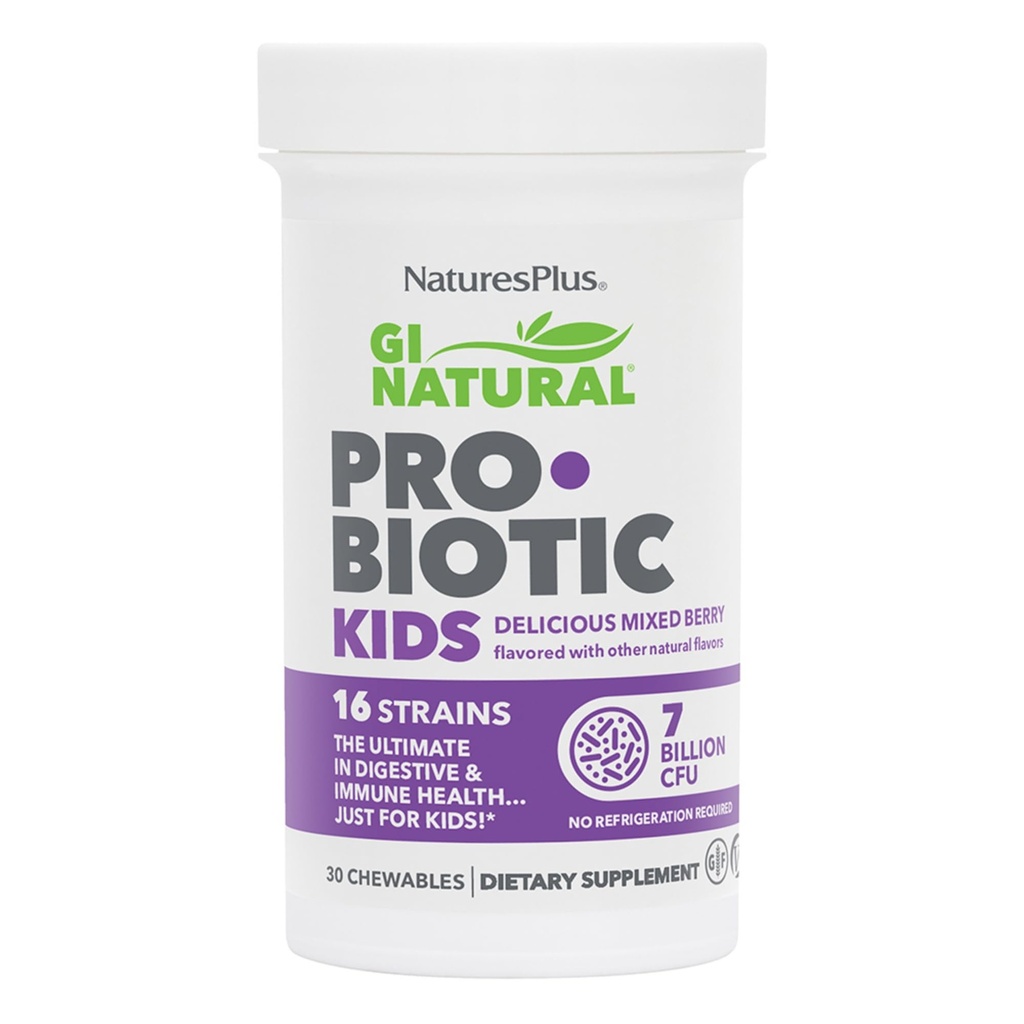 NaturesPlus GI Natural Probiotic Kids, Mixed Berry - 30 Chewables - Digestive & Immune Health Just for Kids - Gluten Free - 30 Servings