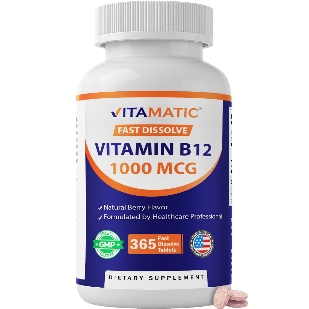 Vitamatic Vitamine B12 1000 mcg Snel ondoordringbaar 365 Tabletten Natuurlijke Berry smaak Ondersteunt Energie Metabolisme en Zenuwstelsel Gezondheid