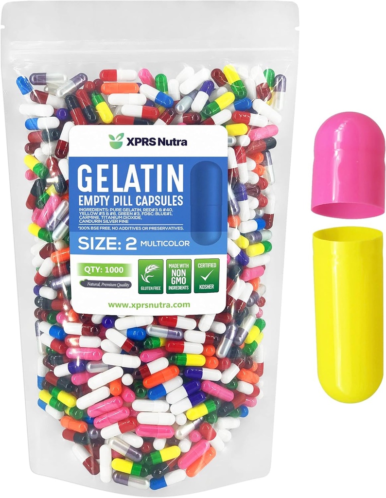XPRS Nutra Size 2 Empty Capsules - 1000 Count Empty Gelatin Capsules - Pills DIY Capsule Filling - Pure Bovine Pill Gel Caps for Do-It-Yourself Supplements (Multi Color)