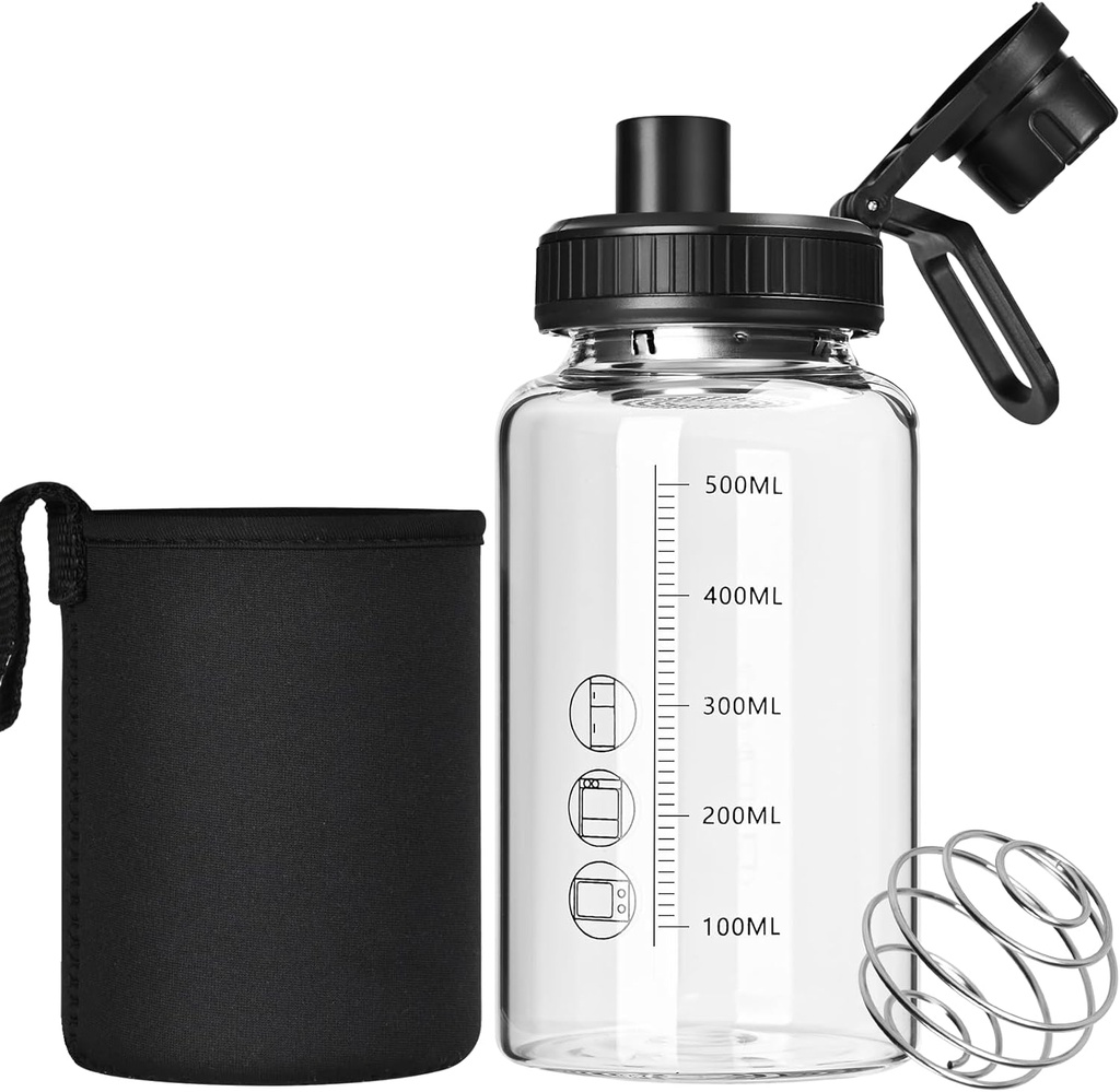 Glass Shaker Bottle,22oz BPA-Free Odorless Shaker Bottle met 304 Roestvrij stalen bal en verwijderbare reinigingsborstel voor Fitness Proteïne Mixes(1Pack)