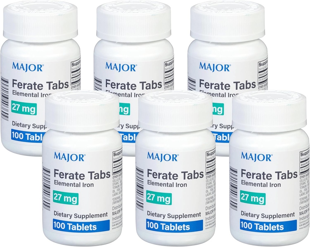 Major 27 mg Ferate Tabs - Ferrous Gluconate Elemental Iron Dietary Supplement - 100 Tellen (6 Verpakking)