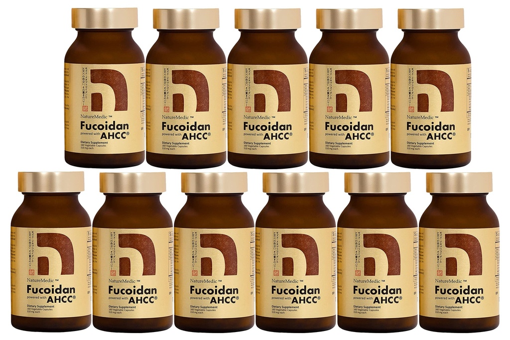 Fucoidan Aangedreven met AHCC® Bruine Zeewier Immuniteitssupplement met hoge zuiverheid Biologische Mekabu Mozuku Agaricus 10 Flessen + Gratis 1 Flesje - 1760 Plantaardige Capsules Gemaakt in Japan