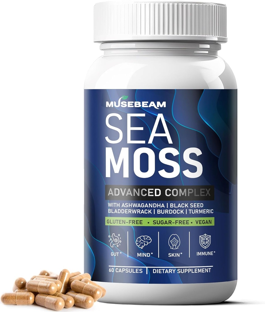 Irish Sea Moss 6000mg - 2000mg Black Seed Oil Ashwagandha Burdock Root Gember Capsules - Advanced Seamoss Vitamine Multi Mineral Complex Supplement Pillen voor mannen Vrouwen