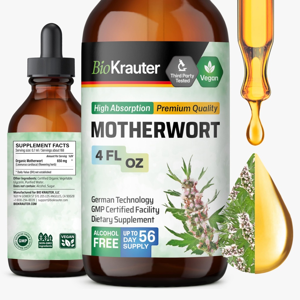 BIO KRAUTER Motherwort Tinctuur - Motherwort Herbal Extract - Liquid Supplement voor Vrouwen Gezondheid - Promote Kalm - Alcohol & Sugar Free - Vegan Drops 4 Fl.Oz.