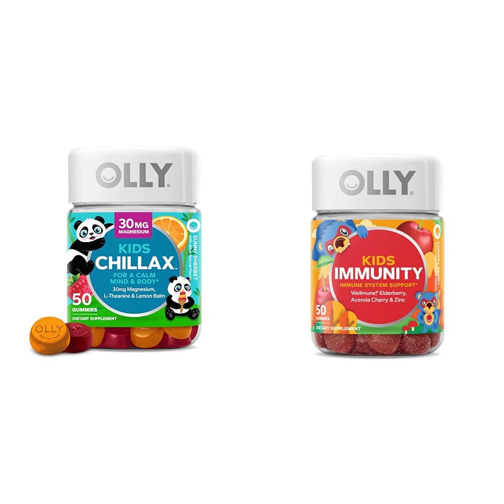 OLLY Kids Chillax, Magnesium Gummies Plus L-Theanine, Lemon Balm & Kids Immunity Gummy, Immune Support, Wellmune, Vlierberry, Vitamine C, Zink, Kauwbare Supplement, Cherry - 50 Tel.