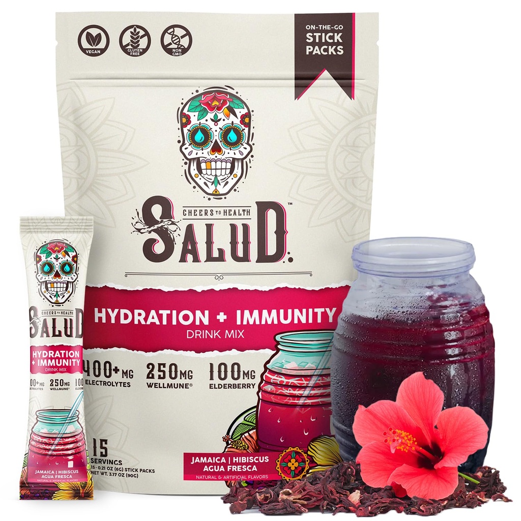 Salud 2-in-1 Hydration Packets + Immunity Electrolytes Powder, Hibiscus - Jamaica Agua Fresca Drink Mix, Vlierbes, Dairy & Soy Free, Non-GMO, Gluten Free, Vegan, Low Calorie, 1g Sugar (15 Servers)