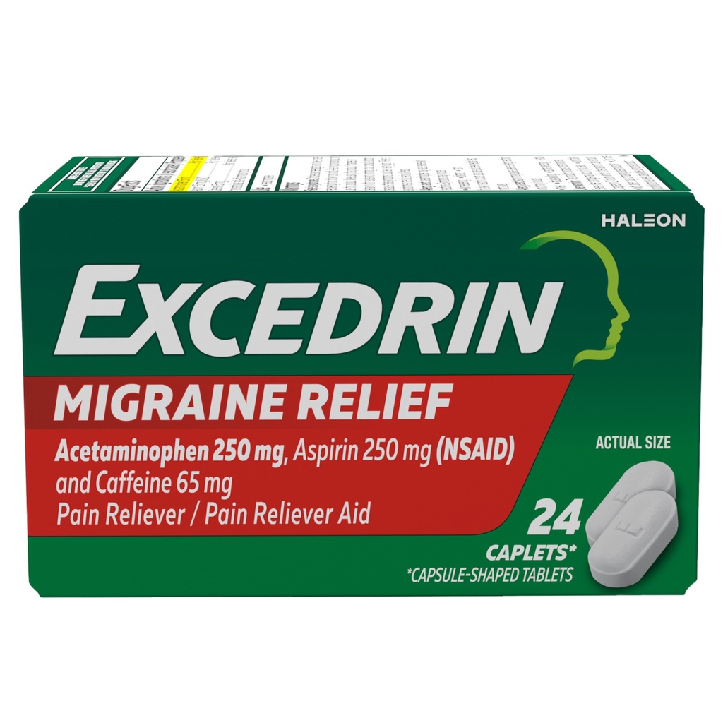 Excedrin Migraine Relief Caplets voor Migraine Symptomen, Acetaminophen 250mg, Aspirine 250mg, Cafeïne 65mg, Pijn Relever, 24 Tellen