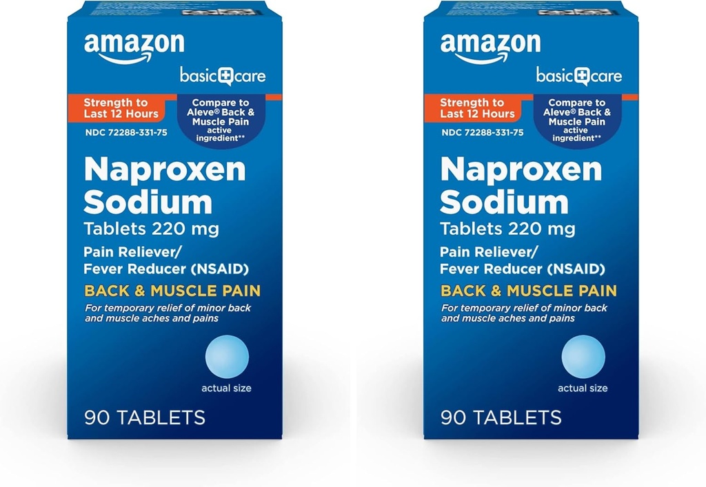 Basic Care Back and Muscle Pain, Naproxen Sodium Tablets 220 mg, Pain Reliever and Fever Reducer, for Backache, Muscular Aches, Minor Artritis Pain, Heather and More, 90 Count (Pack of 2)