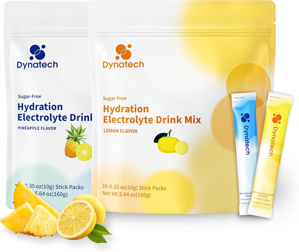 Dynatech Zero Sugar Electrolyte Drink Mix - Lemon，Pineapple - Hydration Powder Packets with 10 Electrolytes & Vitamins | Non-GMO, Gluten Free, Vegan Electrolytes Powder Packets | 32 Servings