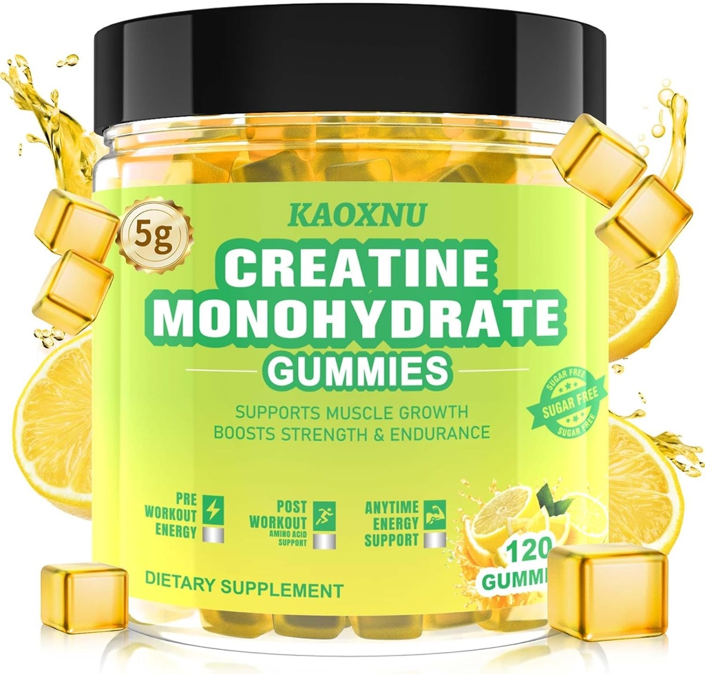 Creatine Monohydraat Gummies 5600mg voor mannen & vrouwen, 120 CT Kauwbare Creatine Gummies voor spierondersteuning, energie Boost, 5.6g van Creatine Monohydraat per Serving - Sugar Free, Vegan (Citroen Flavor)
