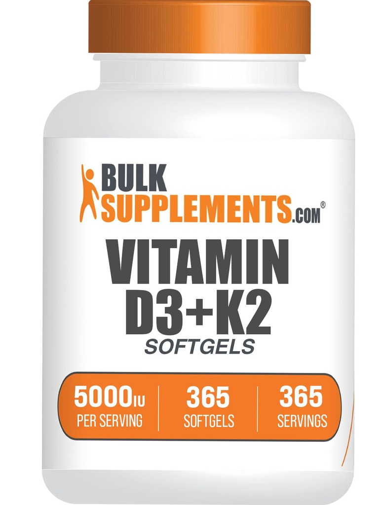 BulkSupplements.com Vitamine D3 + K2 5000 IE Softgels - D3 K2 Supplement, for Immune Health - Glutenvrij, 1 Softgel per Serving, 365 Tellen (Pack of 1)