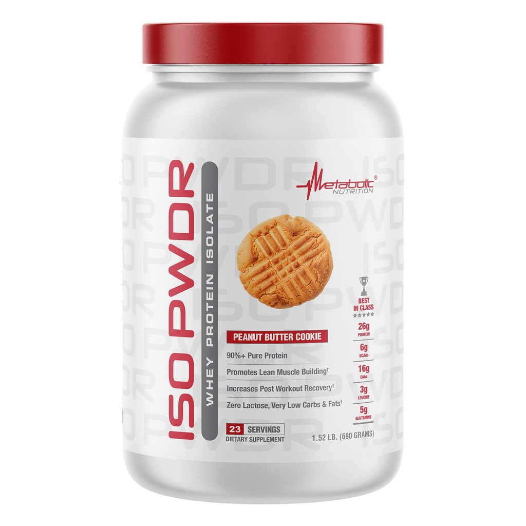 Metabolische Voeding Wei Proteïne Isolaat ISO PWDR Peanut Butter Cookie, 1.54lb, 23 Servers, 26g Proteïne, Fast Digesting, Zero Carbs, Delicious Flavor, Very Low Carbs & Fat, Zero Lactose