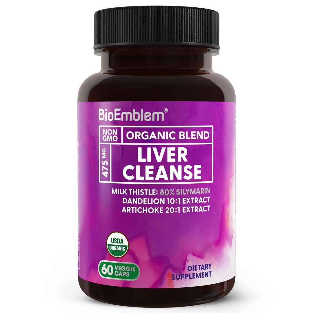 BioEmblem USDA Biologische Lever Reiniging - 80% Silymarin Milk Thistle Extract voor de gezondheid van de lever en lever functie met Dandelion & Artichoke Extracten - 100% Veganistisch, Non-GMO - Herbal Lever - 60 Capsules
