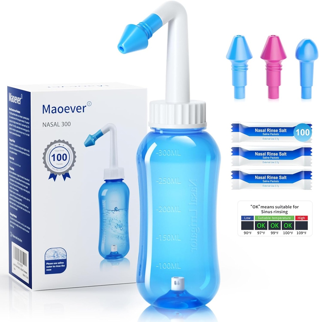 MAOEVER Neti Pot Sinus Sinaasfles met 100 Nasale Wash Zout Verpakkingen Neuswas Reiniger Druk Sinaasappel Irrigatie voor volwassen & Kid BPA Gratis 300 ML met Sticker Thermometer(Blauw)