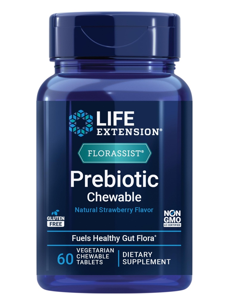 Levensverlenging FLORASSIST® Prebiotic Chewable (Strawberry), 1000 mg xyloligosacchariden, prebiotic Supplement Biedt brandstof voor Gut Flora, Glutenvrije, niet-GMO, vegetarisch, 60 kauwtabletten