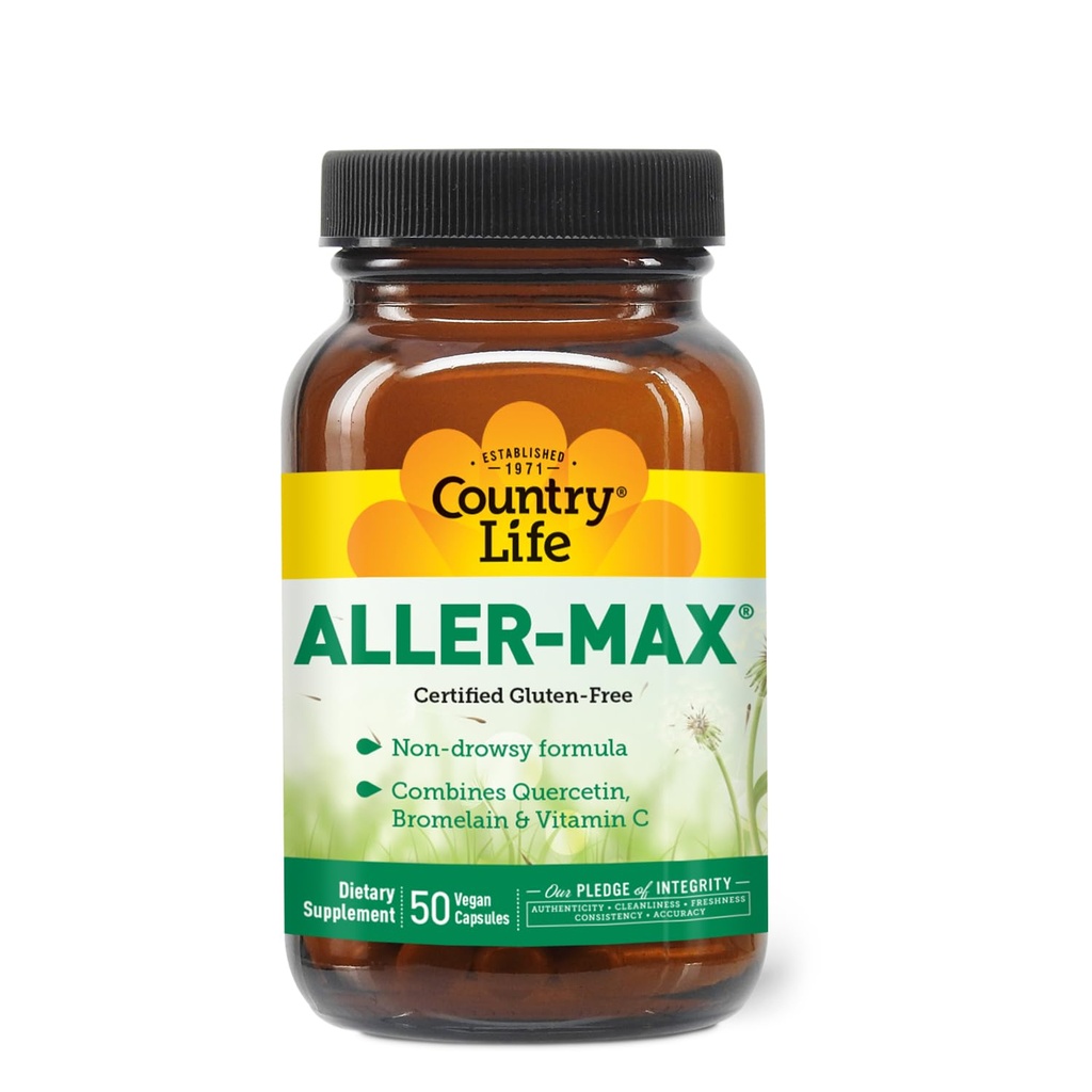 Country Life Aller-Max - Quercetine Supplementen met bromelaïne - Immuun Ondersteuning met vitamine C, zink en botanische Blend - Gecertificeerde Gluten-vrij, Veganistisch (50 Tellen (Pack van 1))