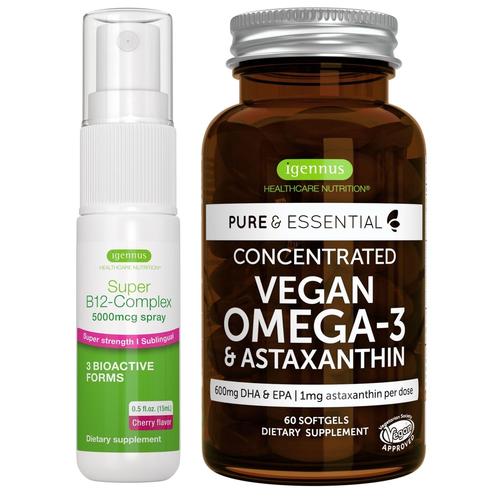 Vegan Omega-3 Algenolie + Super B12-Complex 5000mcg Vegan Bundle, Hoge Concentratie DHA & EPA + Hoge sterkte B12 Cherry Flavor Sublingual Spray, door Igennus