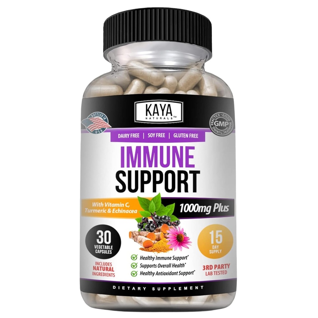Kaya Naturals Vlierbessen Immuun Ondersteuning Vitamins with Zink and Vitamine C for Adults, Probiotics & Turmeric 1000mg Immuun System Booster Sambucus Capsules - 30 Tel.