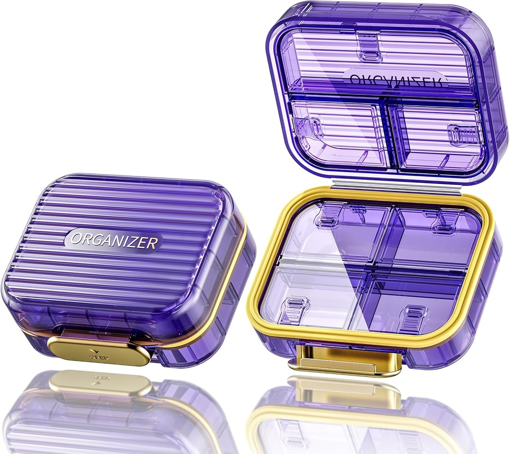 Acedada Small Pill Box, Travel Pill Organizer, Compacte 7-Compartiment Vochtdichte pil geval voor Purse, Chic Daily Pill Container, Portable Medicine & Vitamine houder voor Visolie & supplementen, Paars