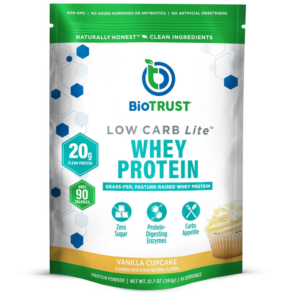 BioTrust Low Carb Lite, 20 Gram Grass-Fed Whey Protein Isolaat, 100 Calorieën, ProHydrolase Digestieve Enzymen, Non-GMO, vrij van soja en gluten, rBGH-Free (14 Servers) (Vanilla Cupcake)