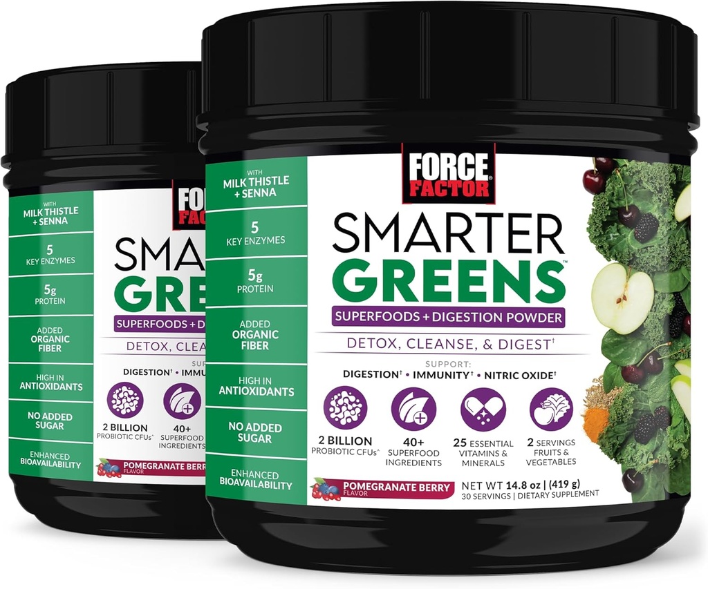 Force Factor Slimmere Groenen Superfoods Poeder ter ondersteuning van spijsvertering, Gut Health, opgeblazen, Greens Powder met Probiotica, Prebiotica, Digestieve Enzymen, & Adaptogenen, Granaatappelbessen, 60 porties