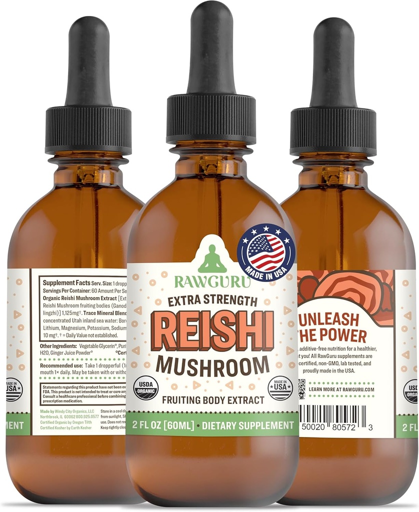 RawGuru Organic Reishi Mushroom Tinctuur - Reishi Mushroom Extract met natuurlijke sporen mineralen - Nano-Processed Cognitive & Immune Support Supplement - 60 porties Vegan Drops per 60 ml, Pack of 1