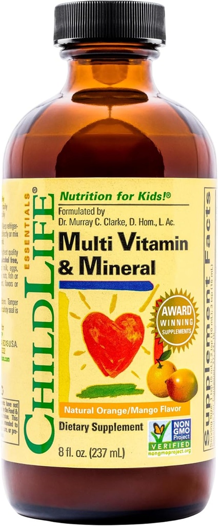 CHILDLIFE ESSENTIALS Kids Multivitamin & Mineral - Kids Vitamins, Liquid Multivitamin for Kids, Toddler Multivitamins, Liquid Vitamins, Baby Multivitamin - Natural Orange & Mango, 8 Fl Oz (Pack of 1)