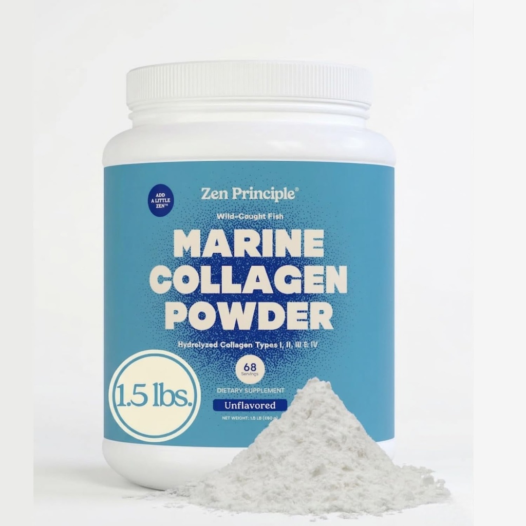 Zen Principe Marine Collageen Peptides Poeder 1,5 lb. Wild-Caught Vis, Non-GMO. Ondersteunt gezonde huid, haar, gewrichten en botten. Gehydrolyseerd type I, II, III & IV-eiwit. Aminozuren. Makkelijk te mengen.