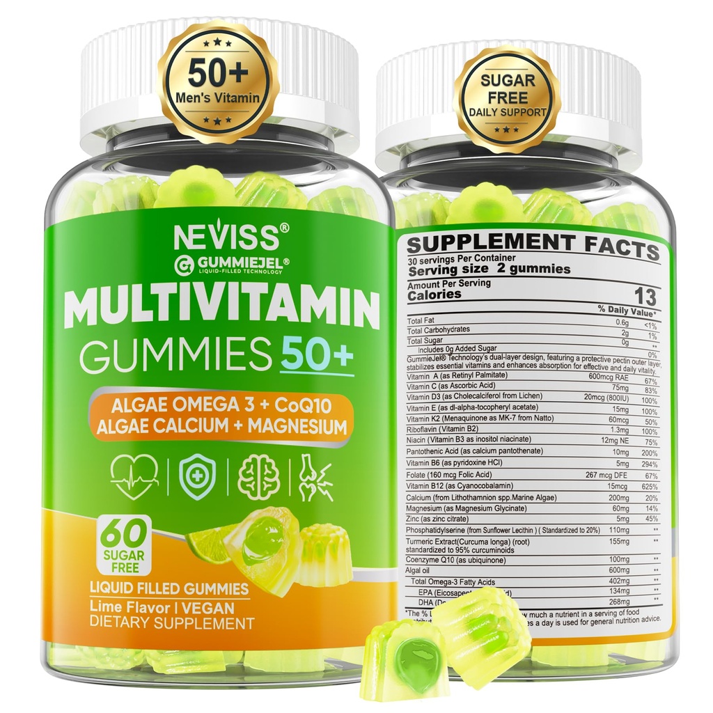 Multivitamine voor mannen 50 + Plus, Suikervrije mannen Multivitaminen Gummies w/Omega-3, Coq10, D3k2, Calcium, Magnesium, Zink, Vitaminen A, C & E, Heren Vitaminen voor Hert, Antioxidant, Hersen, Bot, 60ct