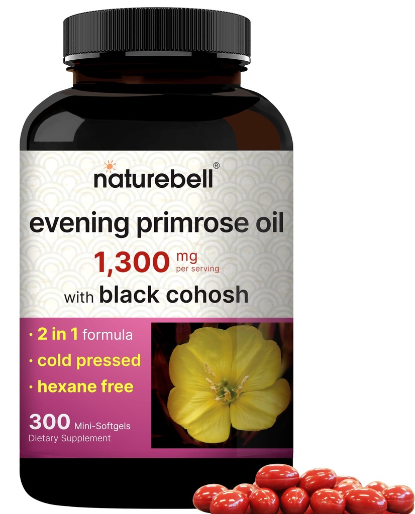 NatureBell Evening Primrose Oil met Black Cohosh, 1.300mg Per Serving, 300 Mini-Softgels, Cold Pressed Seeds, Remains 130mg GLA for Womens Health & Skin Care Support