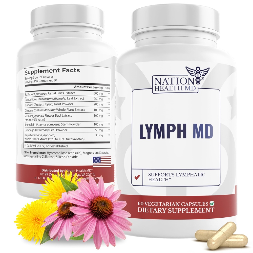 Lymph MD - Lymphatische Drainage Supplement - met Bromelain, Echinacea, Burdock Root, Dandelion, Rutin, Kelp & More - Lymph System Support for Women & Men - 60 Capsules