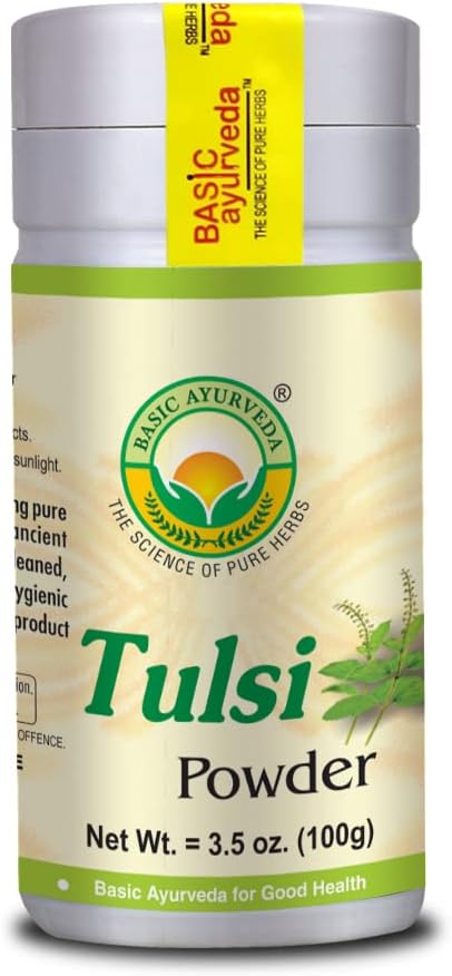BASIC AYURVEDA Tulsi Powder | Holy Basil Leaf Powder for Tea, Cooking & Herbal Use | Pure & Natural | Gluten-Free, Non-GMO | Raw Ayurvedic Herb Supplement | 3.53 Oz (100g)