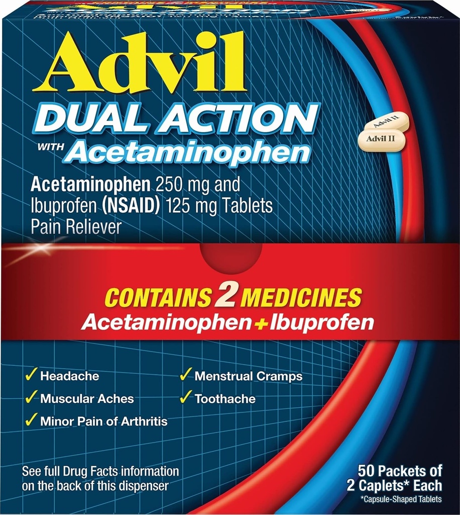Advil Dual Action Coated Caplets with Acetaminophen, 250 Mg Ibuprofen and 500 Mg Acetaminophen Per dosis (2 dosisequivalent) for 8 Hour Pain Relief - 2 Count x 50