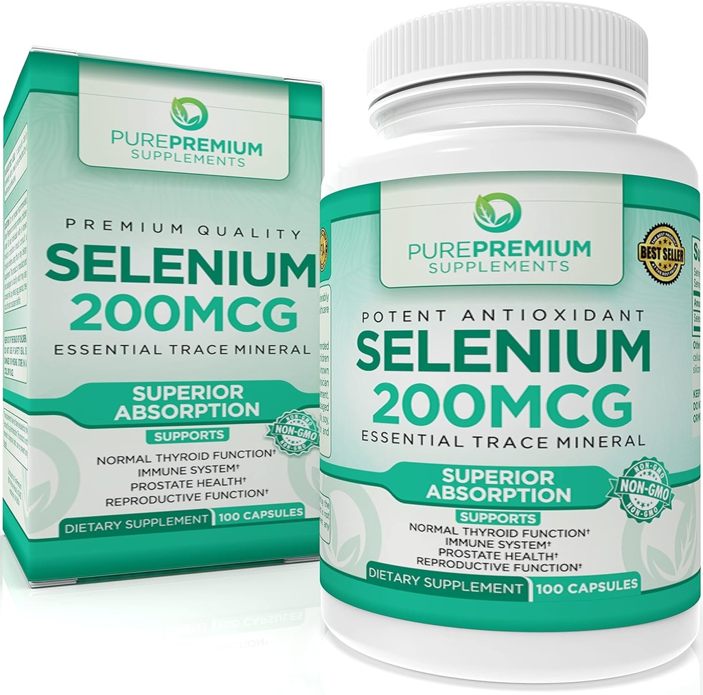 PurePremium Selenium 200mcg Supplement - L Selenomethionine Essential Mineral - Dagelijkse ondersteuning voor normale schildklier, Immuunsysteem. Normale prostaatfunctie - 3 maanden levering - 100 capsules