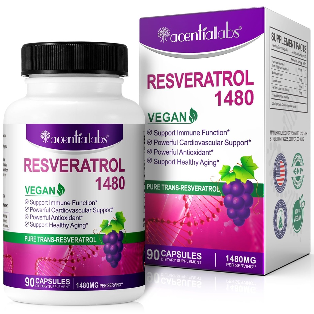 100% Natural Resveratrol - 1480mg per portie, 90 Veggie Capsules, 99% Pure Trans-Resveratrol, Antioxidant voor gezonde veroudering, Hersenen & Hartondersteuning