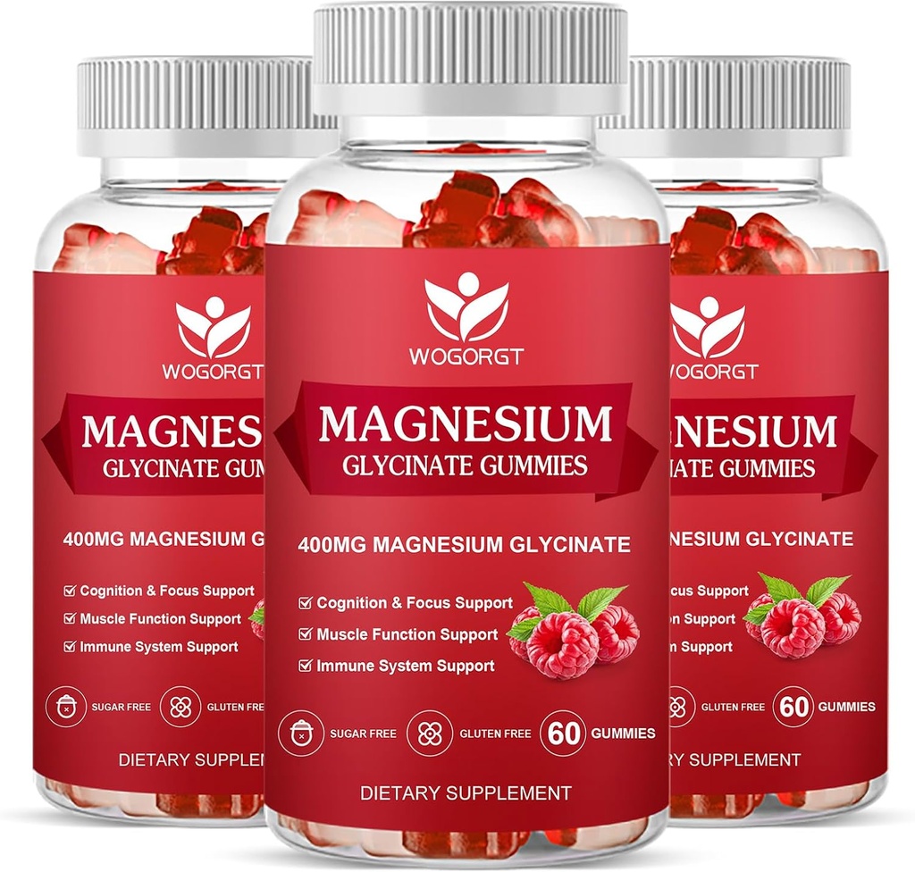 Magnesium Glycinate Gummies - 400mg Magnesium Glycinate Gummy met vitamine D, B6, en CoQ10, Magnesium Supplement voor ontspanning en cognitie, Suikervrij - 60 Raspberry Gummies (3 Pack)